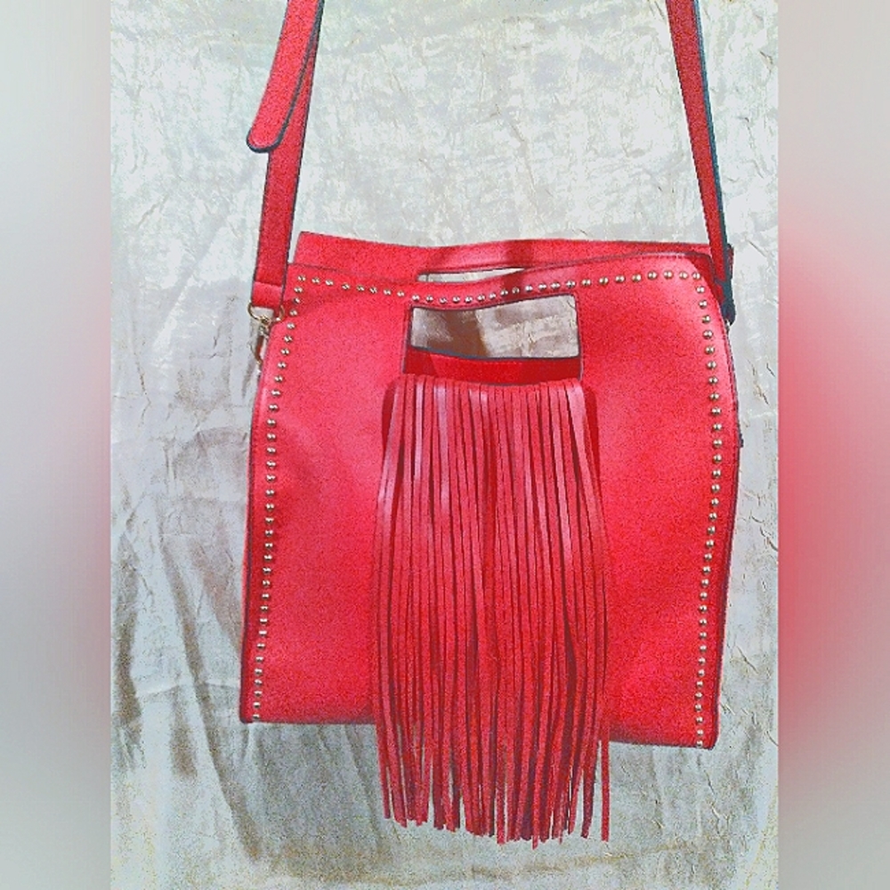 Hot pink leather fringe studded hobo bag